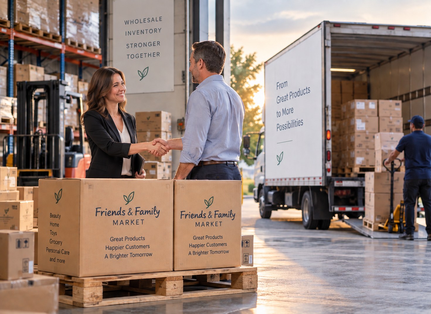 Two business partners shaking hands at a warehouse loading dock